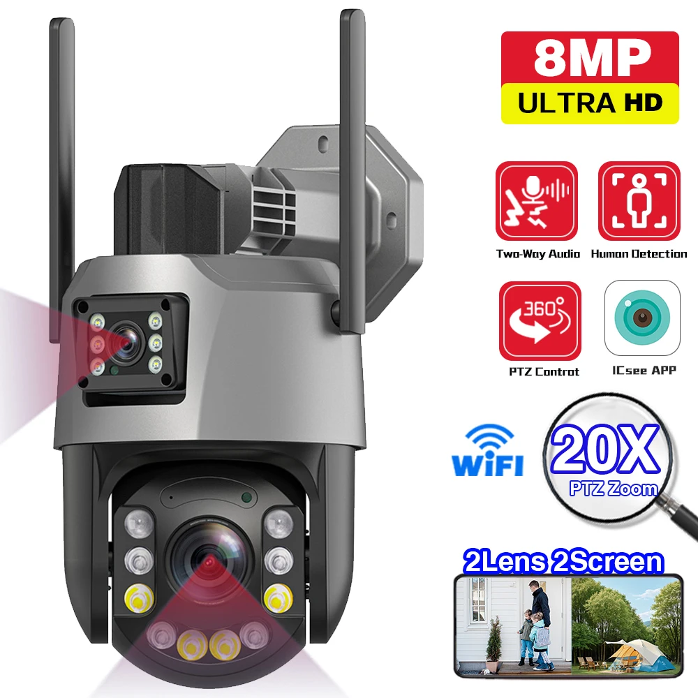 

﻿ 8MP4K HD 20-кратный зум Уличная Wi-Fi PTZ-камера с двумя объективами и двойным экраном Водонепроницаемая цветная IP-камера ночного видения