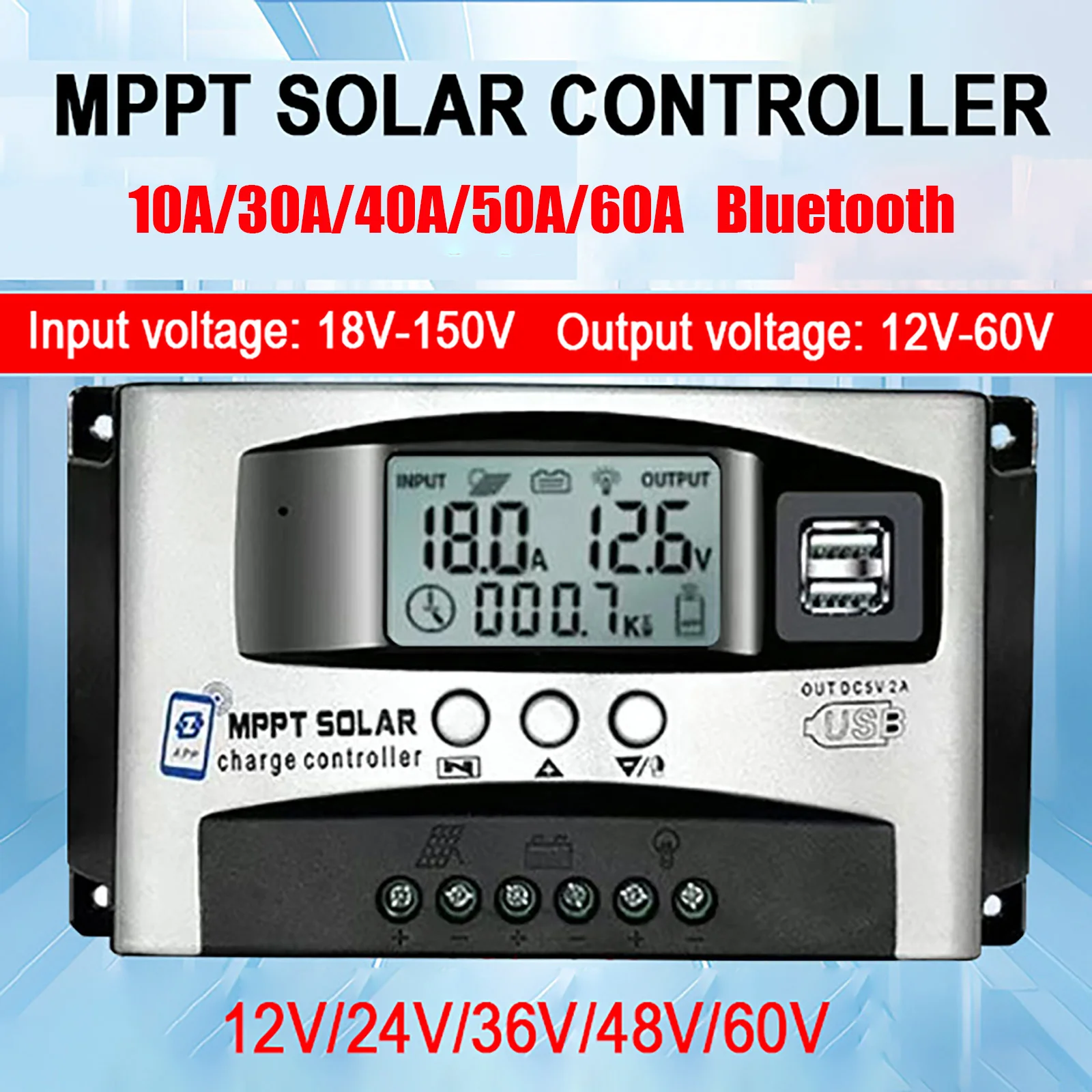 

10A, 30A, 40A, 50A, 60A, 12–60 В, понижающий MPPT солнечный контроллер, Bluetooth, ЖК-дисплей, двойной USB, 18–150 В, широкий контроллер напряжения