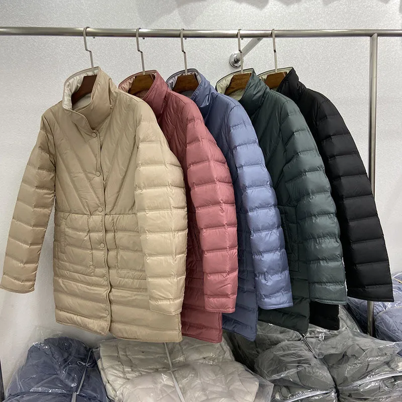 Reversible Midi Long Down Coat 2023 Autumn Winter Women Light White Duck Down Jacket Parkas Ladies Warm Loose Puffer Outwears