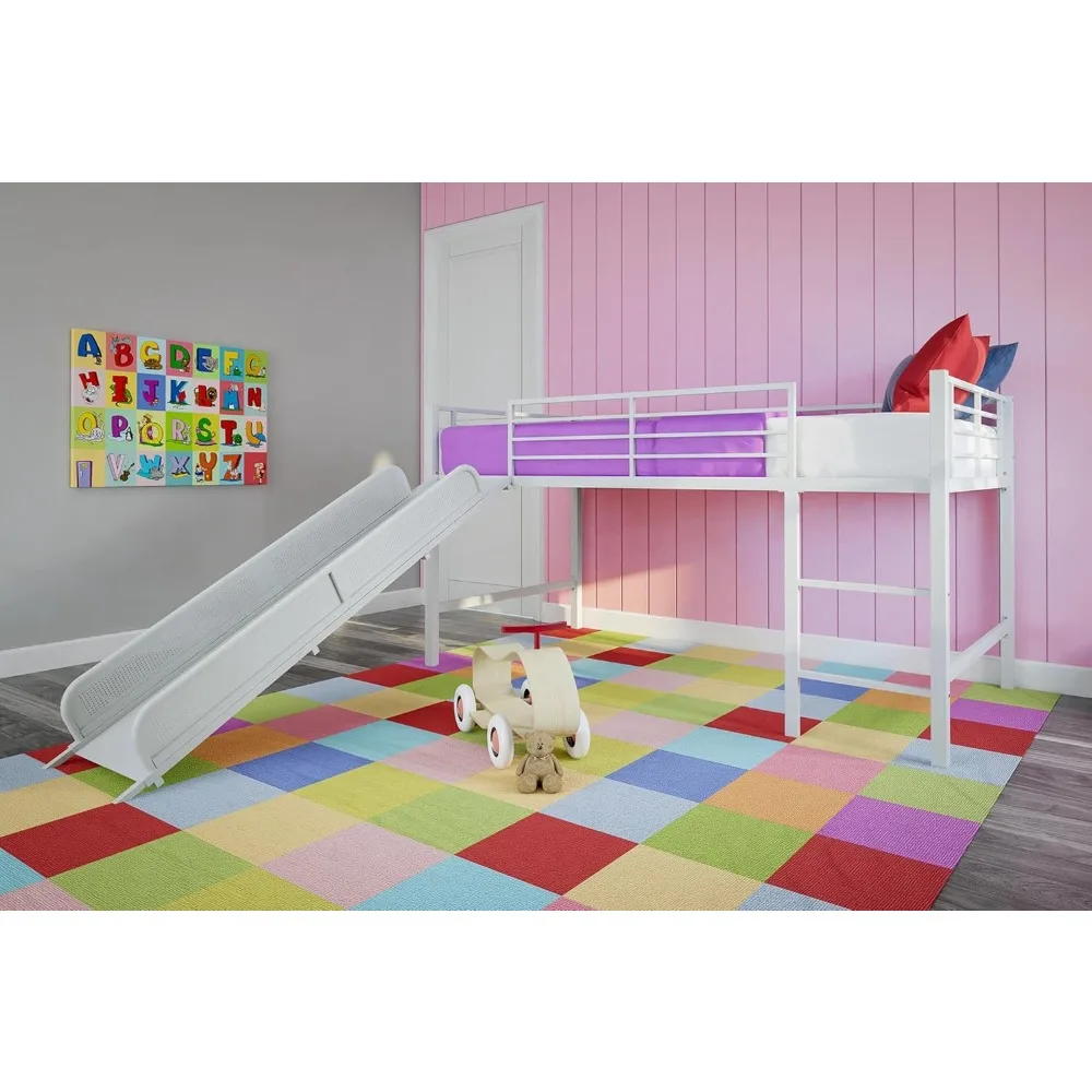 DHP Junior Twin Metal Loft Bed with Slide, Multifunctional Design, White with White Slide