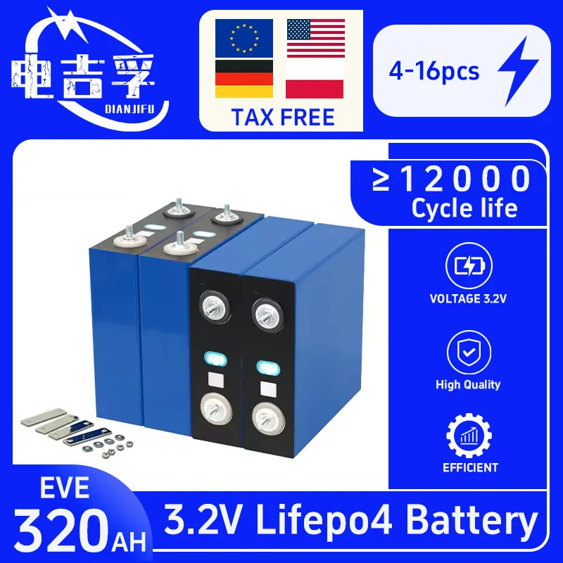 

Lifepo4 Battery 3.2V 320Ah 314Ah Class a Deep Cycle Rechargeable Lithium Iron Phosphate Battery DIY 12V 24V 48V Rv Solar Ev Backup Power Supply Storage (Single Battery)