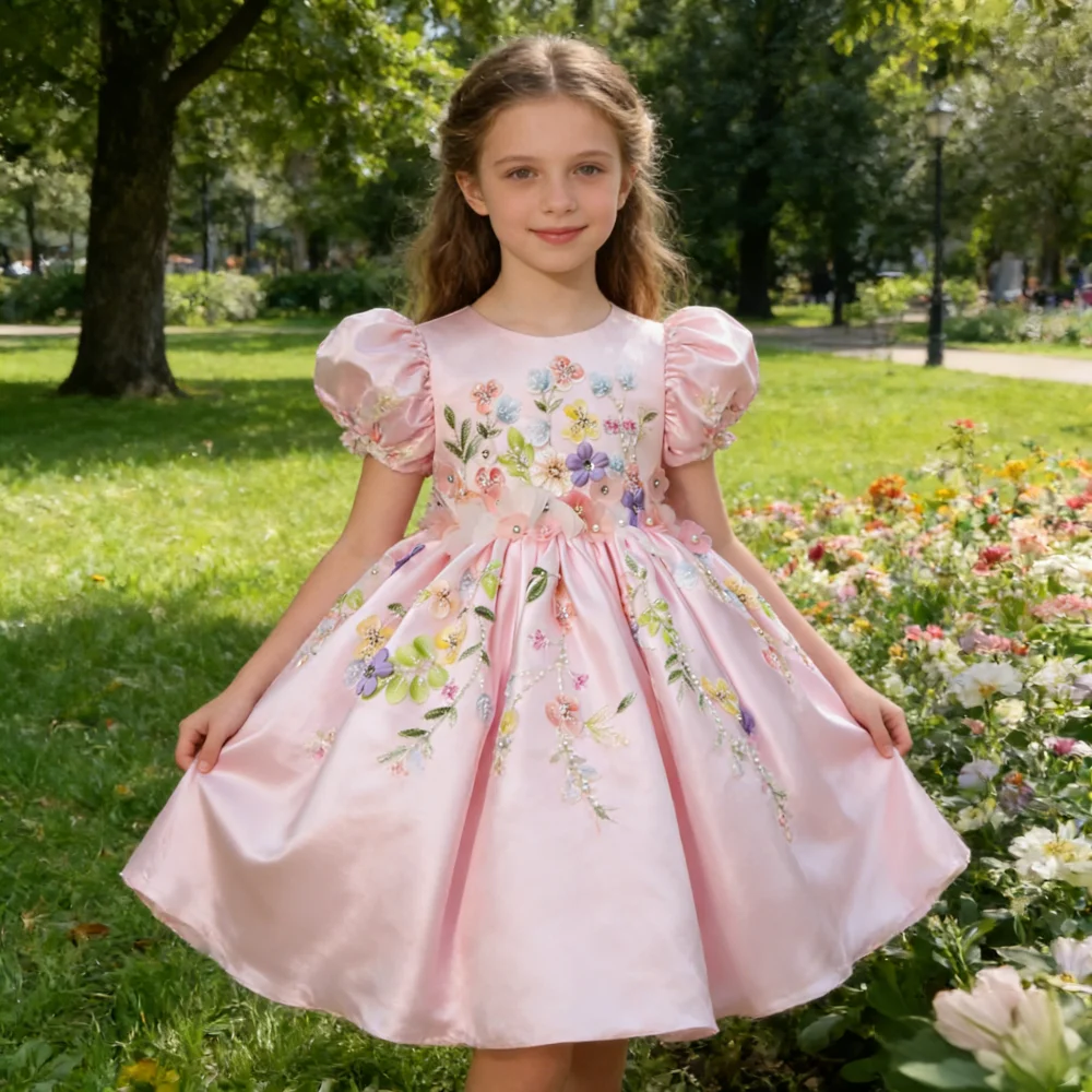 New Handmade Applique Puff Childrens Birthday Celebration Elegant Outfit Sleeve Princess Dress Girls Gown Pageant Formal Party