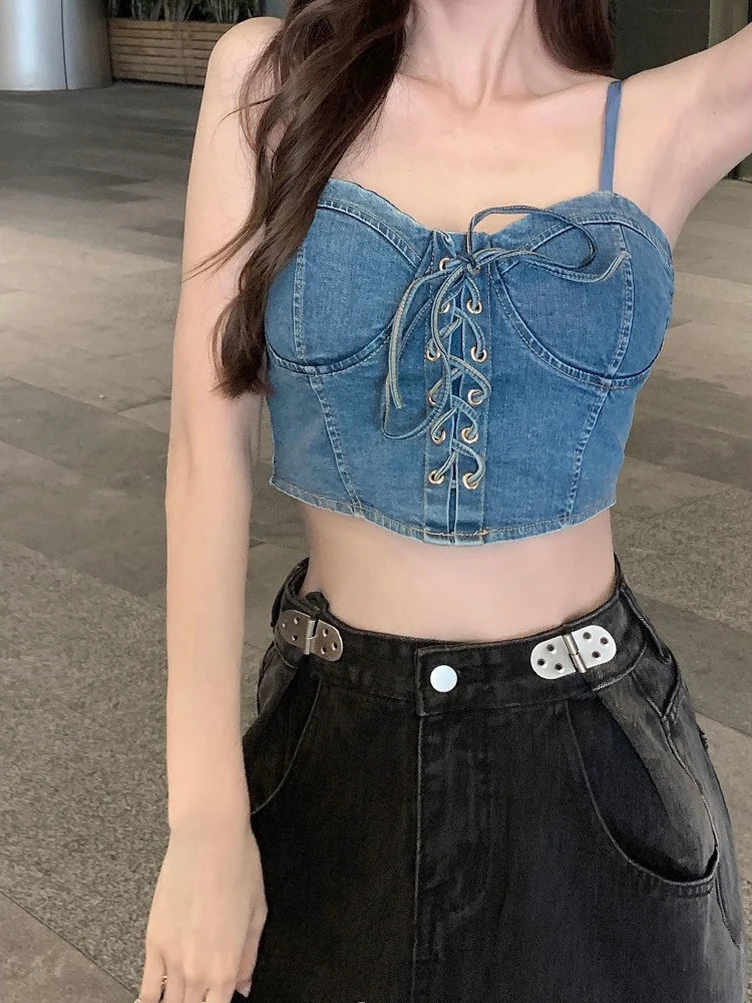 Sexy Lace Up Denim Crop Top Camis Women Push up Padded Bra Underwear Coquette Dongdaemun 2024 Corset Tube Top Backless Korean