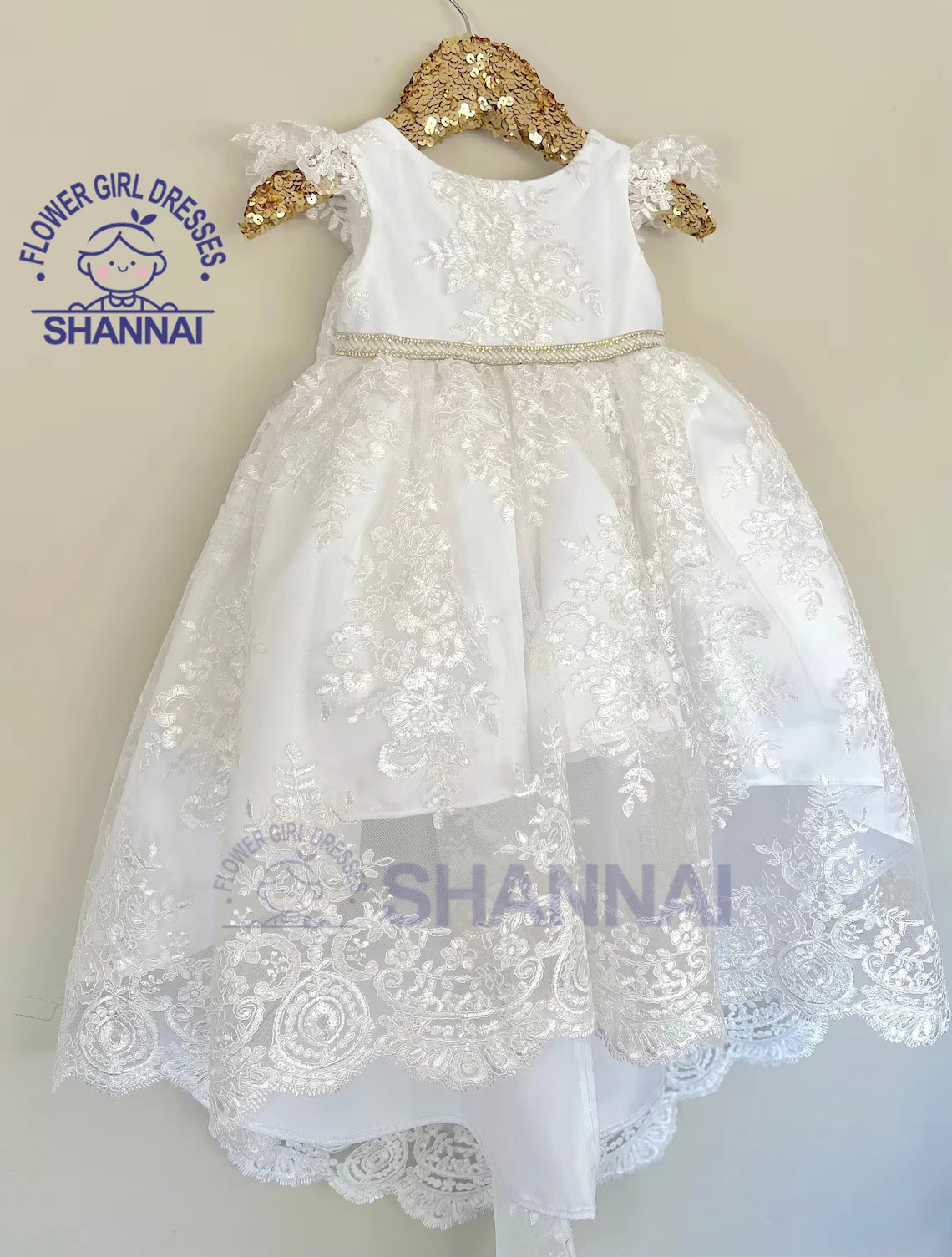 2023 Custom White Lace Baby Girl Dresses with Trailing for Wedding Birthday Communion Party Special Occasion Flower Girl Dress