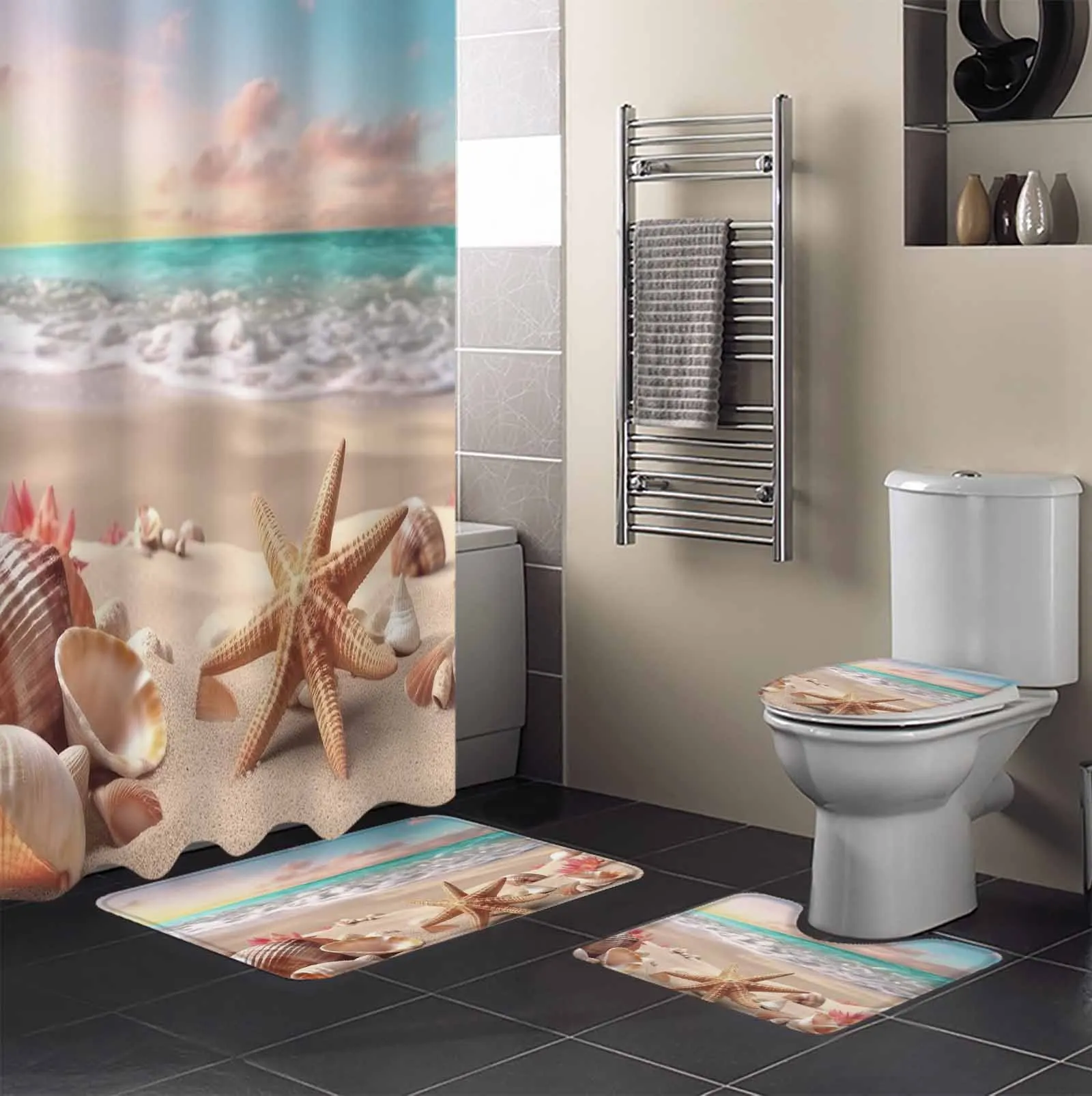 Summer Beach Starfish Shells Waves Shower Curtain Non-Slip Rugs Toilet Lid Cover and Bath Mat Bathroom Curtains with Hooks