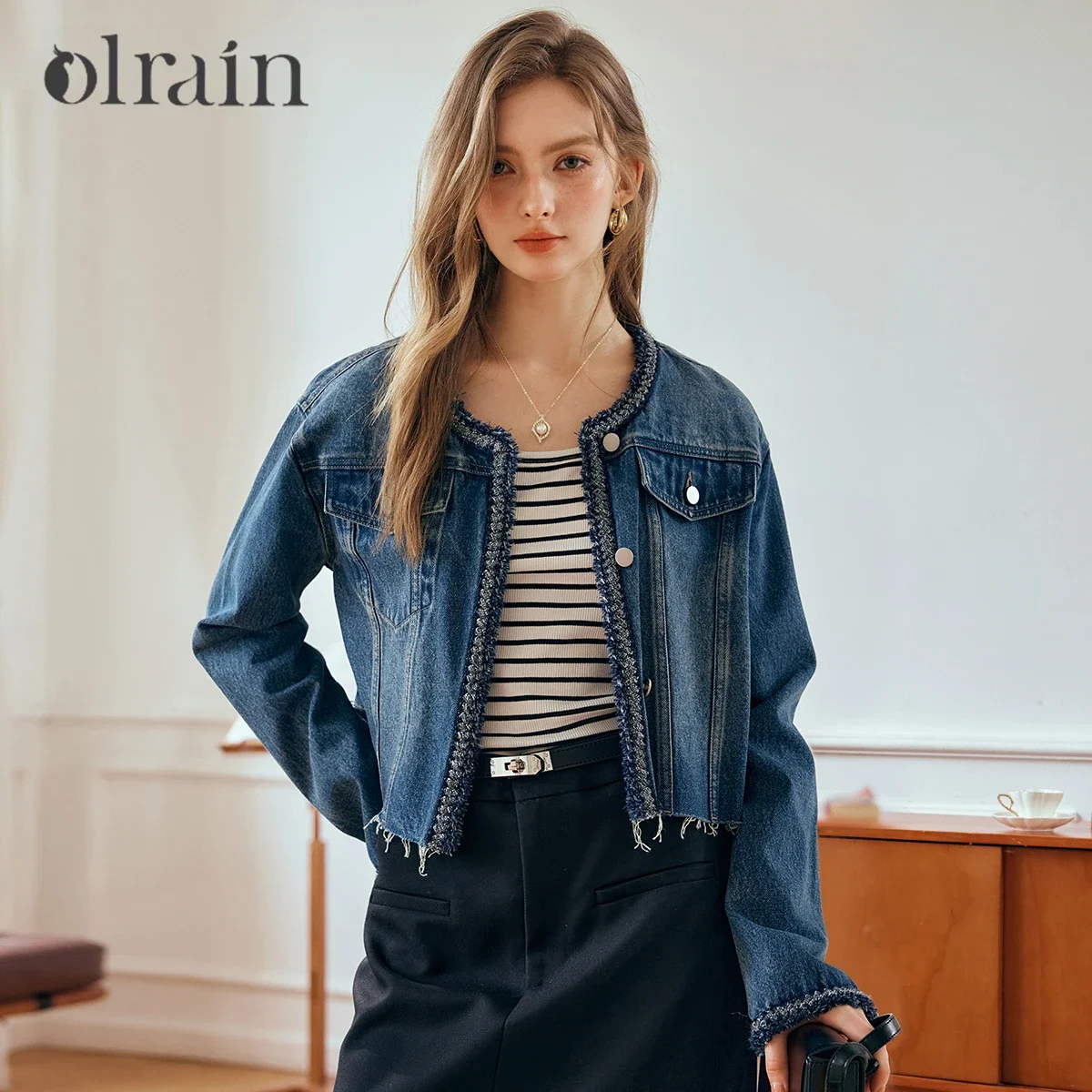 OLrain Women Blue Fringed Denim Jacket 2026 New Casual Minimalist Round Neck Short Pocket Vintage Outerwear Coat N56QW91583