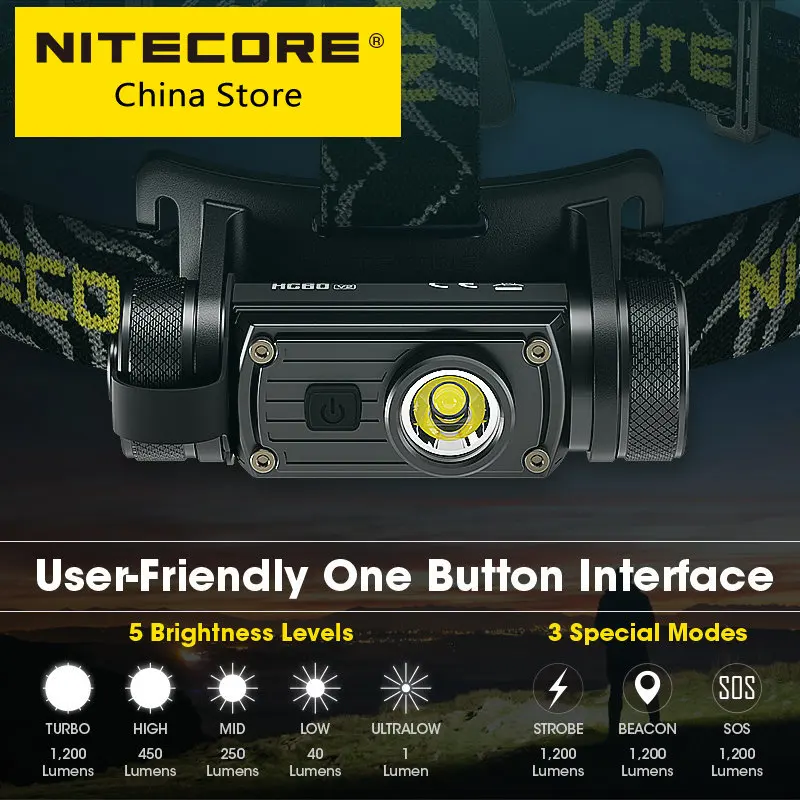 

NITECORE HC60 V2 USB-C Rechargeable Headlamp 1200 Lumens 180° Adjustable Angle Headlight Flashlight with 3400mAh 18650 Battery