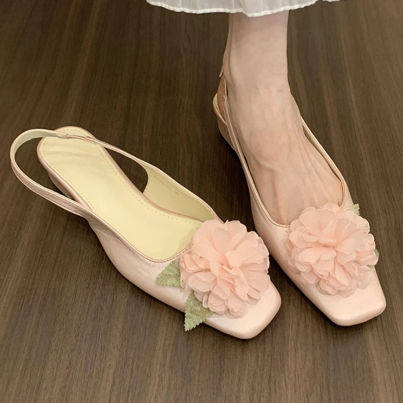 Sandalias De verano con flores para Mujer, Zapatos De vestir De tacón bajo y comodidad poco profunda, calzado De diseñador a la moda para Mujer