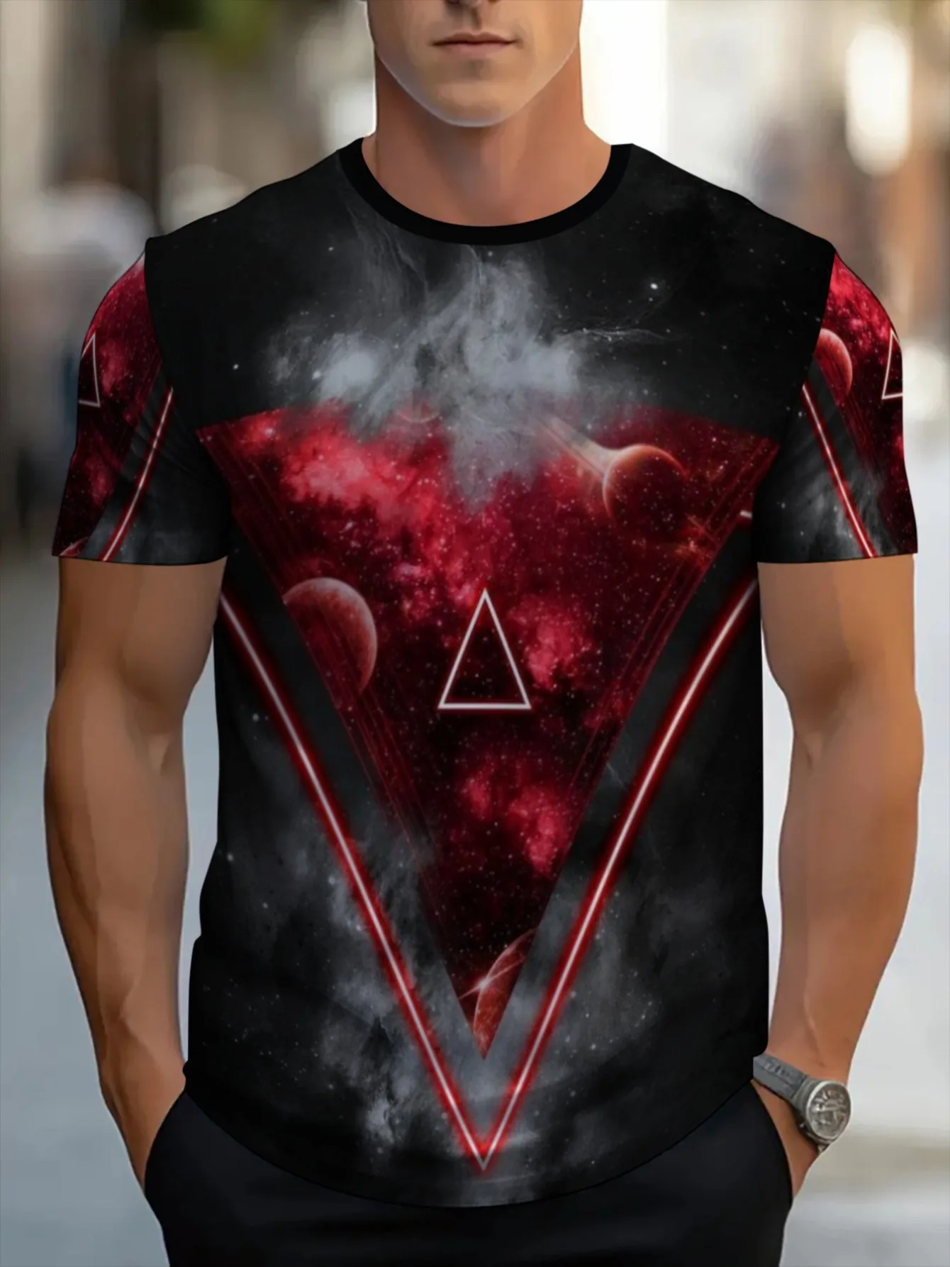 Men Red Galaxy Planet Triangle Geometric Print Crew Neck T Shirt Black Base Short Sleeve Street Casual Tops