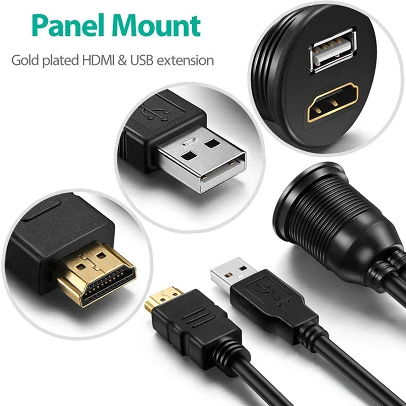 For Ships and Automobiles USB 3.0/2.0&HDMI-compatible Male to Female Instrument Panel Waterproof Embedded Installation Cable