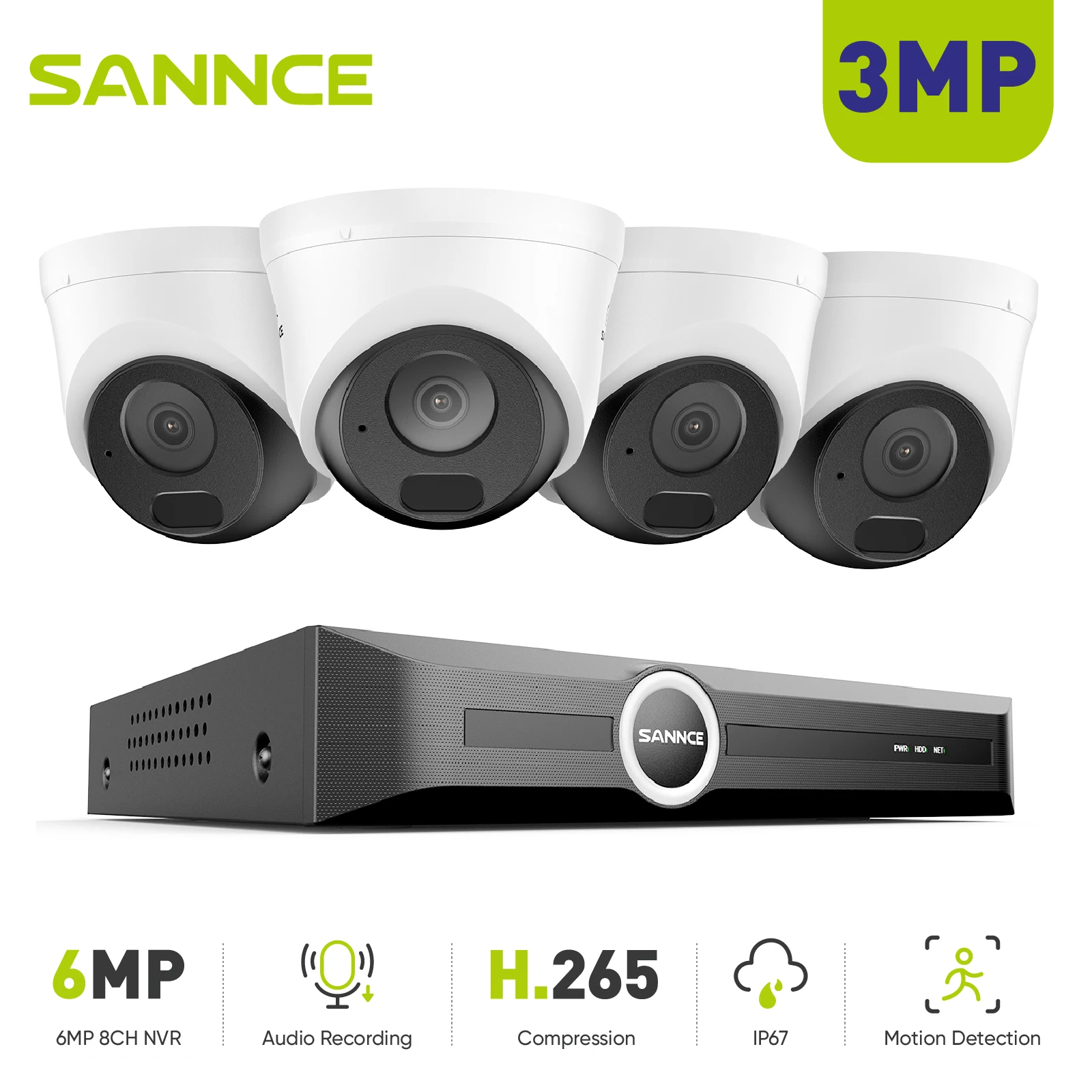 

SANNCE 3-мегапиксельная камера наблюдения Ext Fisk POE System, 4 шт., запись ночного видения, аудио-обнаружение движения, защитная камера безопасности