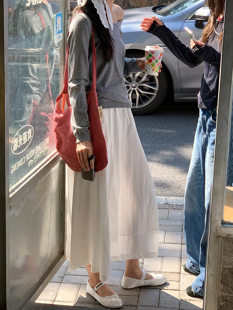 

White A-Line Midi Skirt Women's Spring 2026 New High Waist Slimming Gown Drapey Ele Sle Casual Ocn Loose Fit