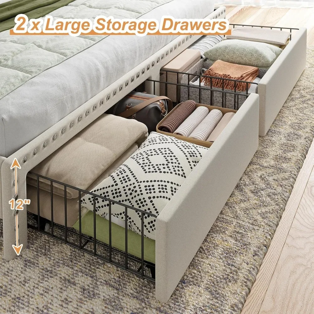 Bed Frame with Headboard and Storage, Upholstered Bed Frame with Storage, Sturdy Bed Frame with 2 Drawer