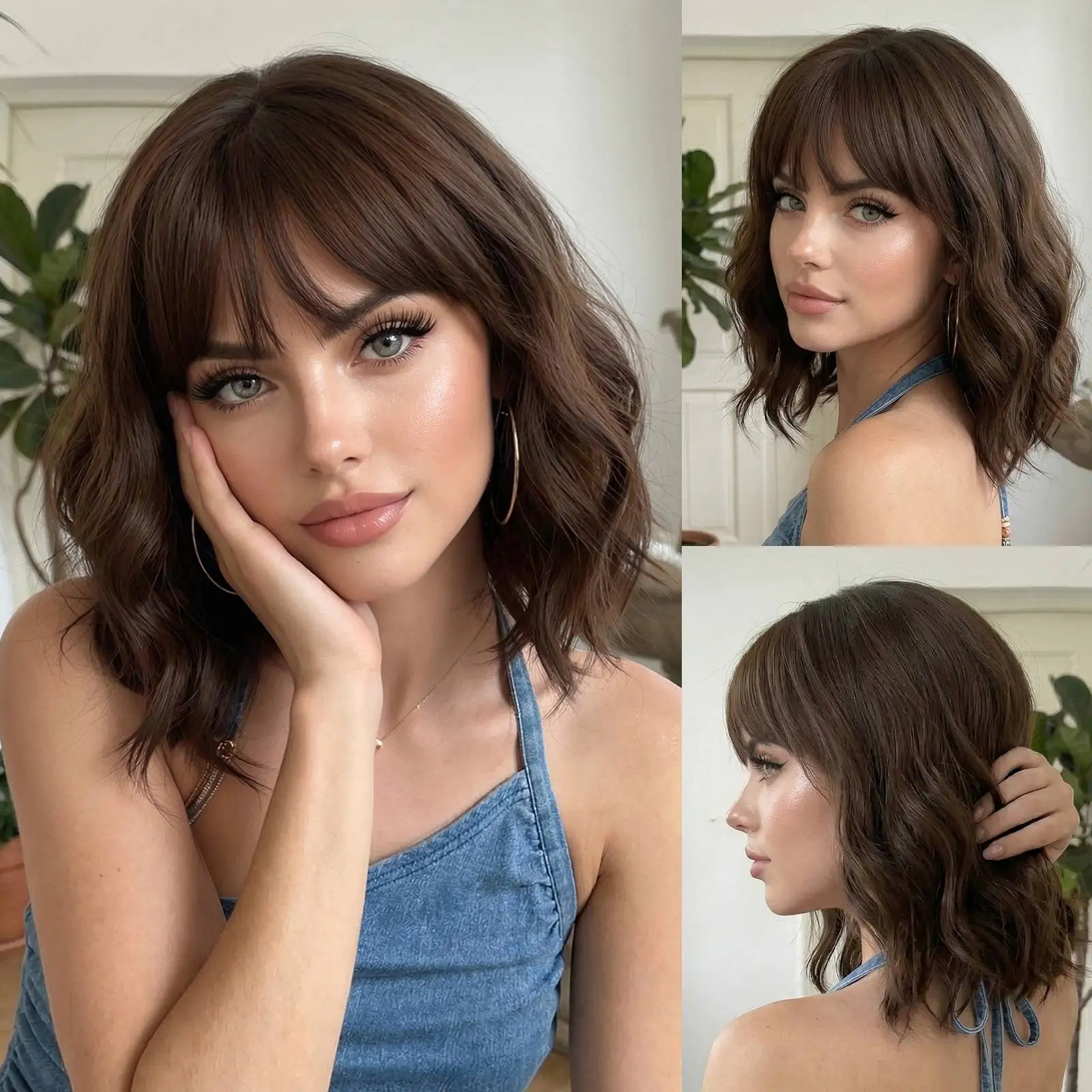 

Brown Short Wavy Bob Synthetic Wigs with Bangs 12 Inch Heat Resistant Natural Looking Wig for Daily Wear