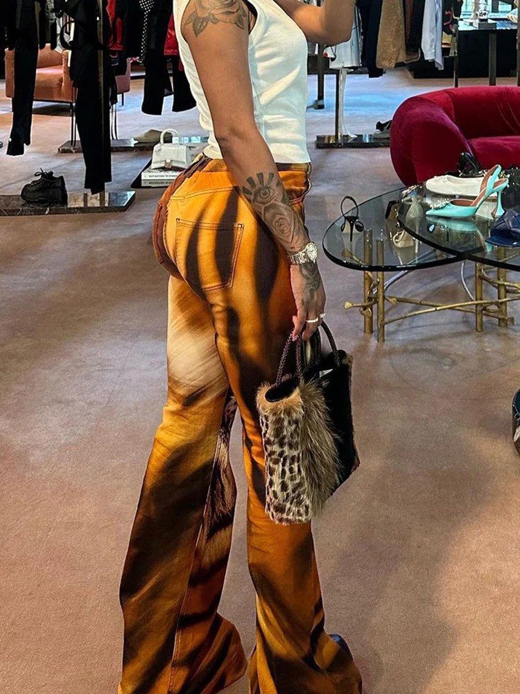 Kliou Unique 3D Tiger Print Pants Women Hipster Stunning High Waist Skinny With Button Flare Trousers Female Cool Y2K Leggings