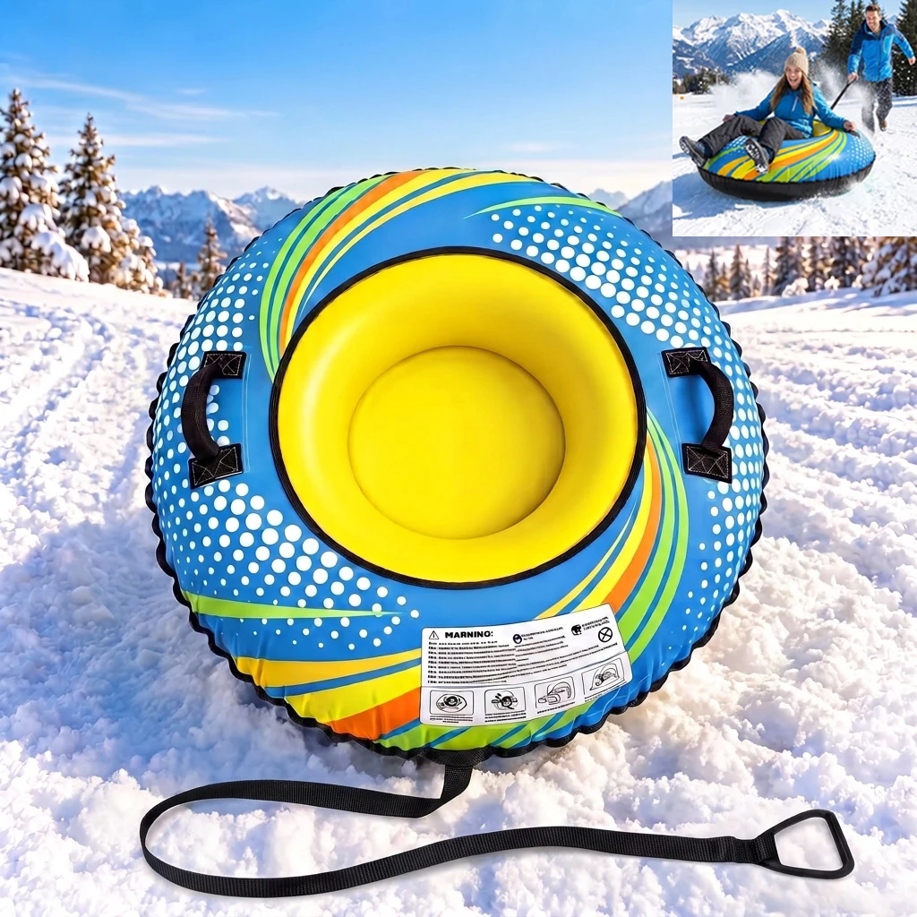 Inflatable Snow Tube With Towable Strap, Heavy Duty Canvas Cover Sledding Tubes, Cold Resistant Antifreeze Winter Sled For Outdoor Snow Slopes, Heavy Duty Double Layer Pullable Toboggan Sleds For Adults, Thickened Bottom Fast Sliding
