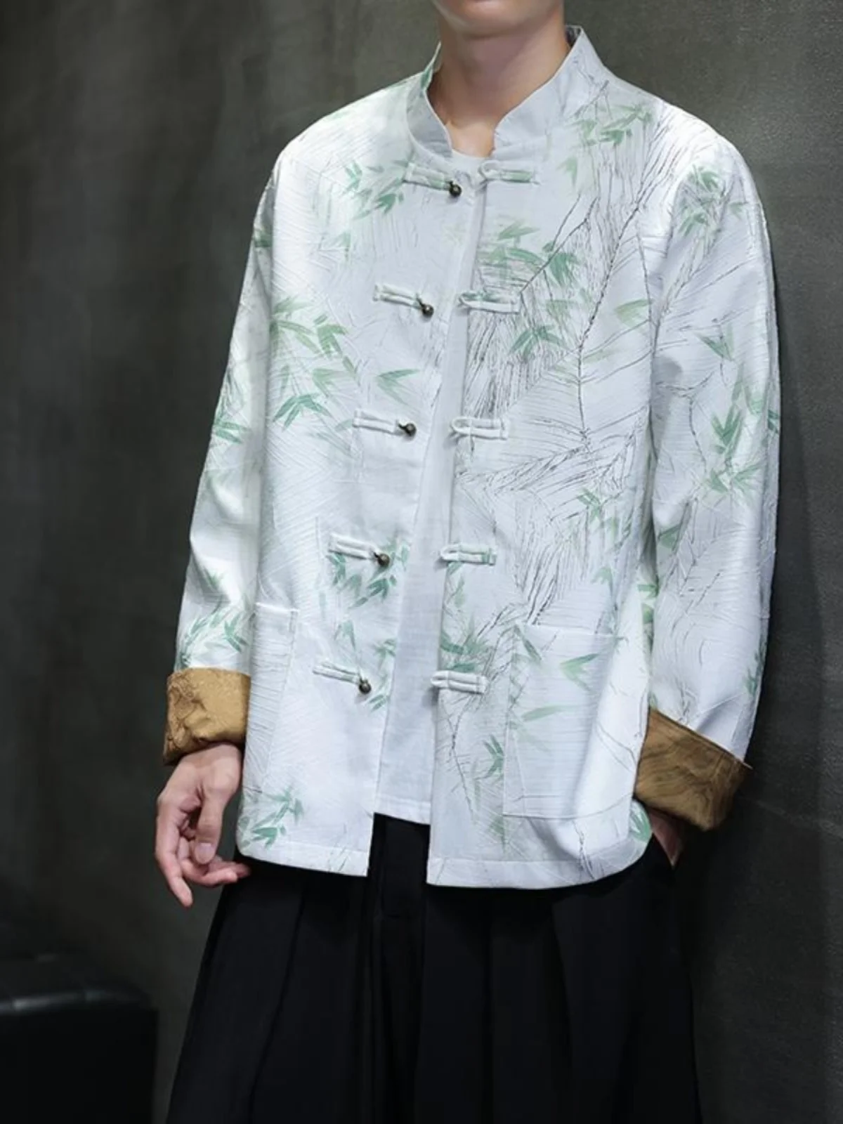 

Новая мужская куртка в китайском стиле с бамбуковым принтом, воротником-стойкой, на пуговицах, с длинными рукавами, повседневное пальто для весны, молодежный костюм Ханьфу Тан.