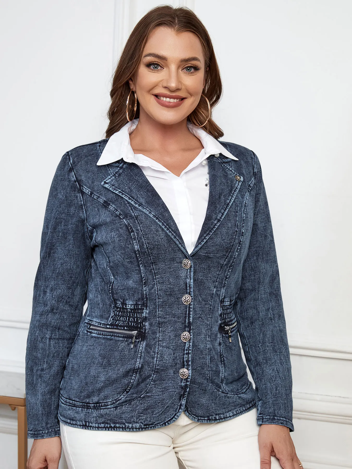 

LIH HUA Women's Plus Size Denim Suit Autumn Chic Elegant Suit For Chubby Women Knitted Cotton Suit