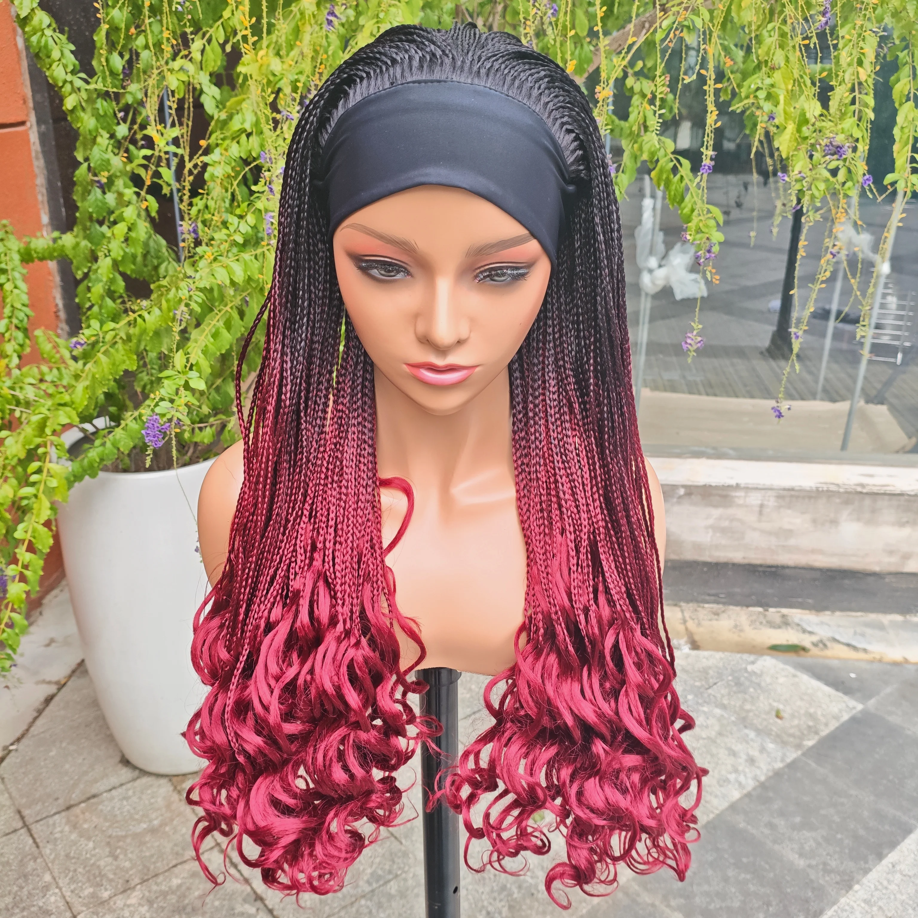 

Повязка на голову, плетеный парик, синтетический парик цвета омбре с повязкой для волос, вьющиеся концы для женщин, плетеный парик машинного производства, 28-дюймовые женские парики