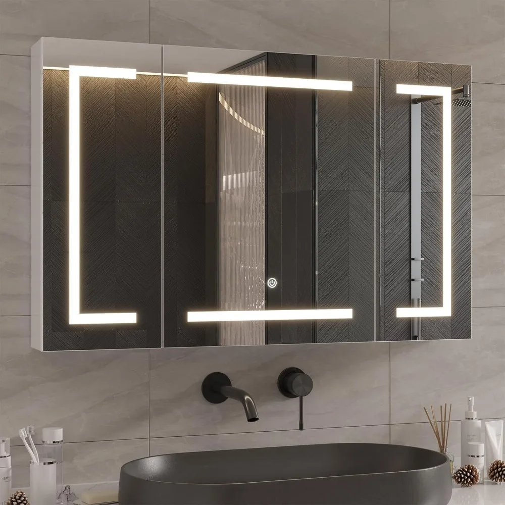 

Medicine Cabinet with Mirror and LED Light, Wall Mounted Bathroom Mirror with Storage, 2 Doors Bathroom Wall Cabinet, Memory