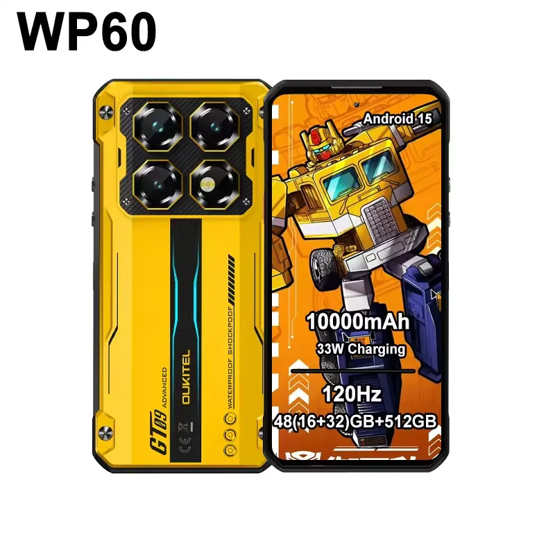 Прочный смартфон Oukitel WP60, 48 ГБ (16+32) + 512 ГБ, камера 108 МП, боковой сканер отпечатков пальцев, дисплей 7.2 дюйма, Android 15, MTK 7025, NFC, 5G