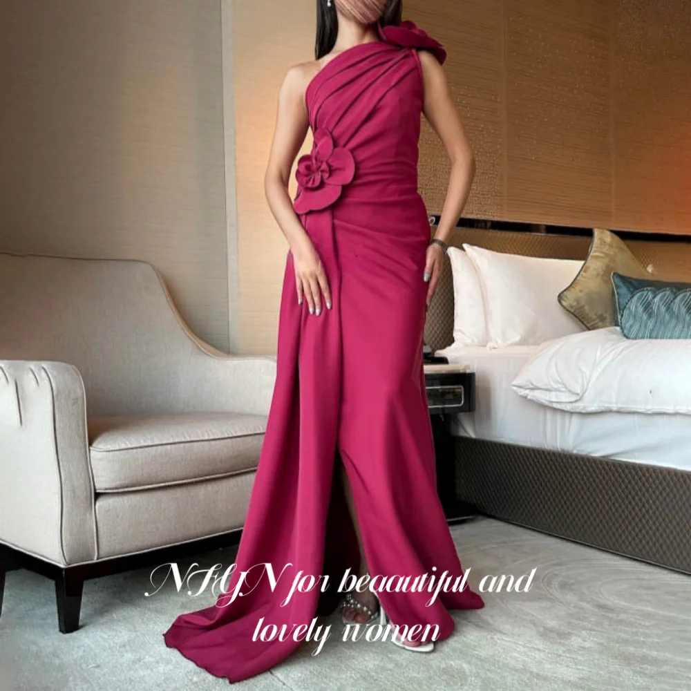 

NFYN Red Elegant Prom Dress One Shoulder Sleeveless Party Dresses Satin 3D-Flowers Trailing Mermaid Evening Dresses Customized