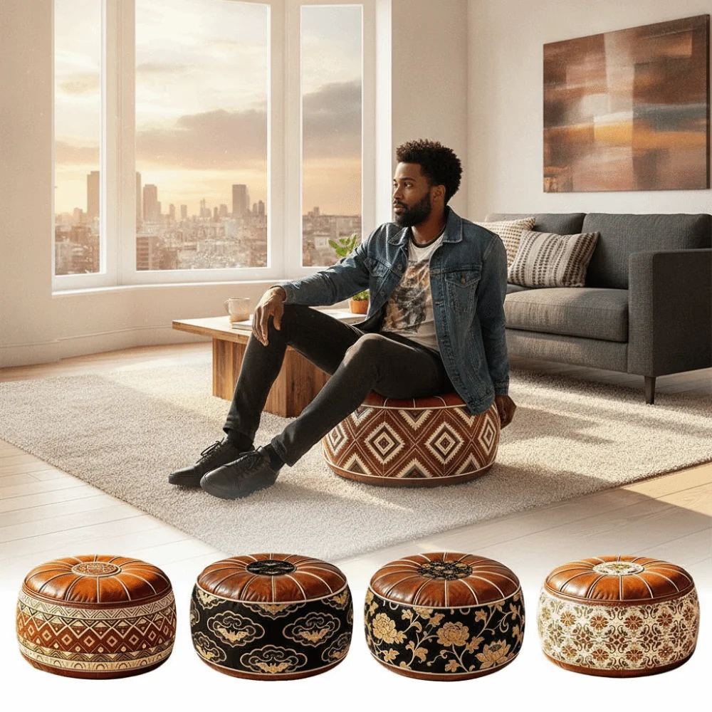 Boho Pattern Ottoman Pouf PU Leather Fillable Design Footstool Cover Large Opening Water Resistant Floor Seat Cushion