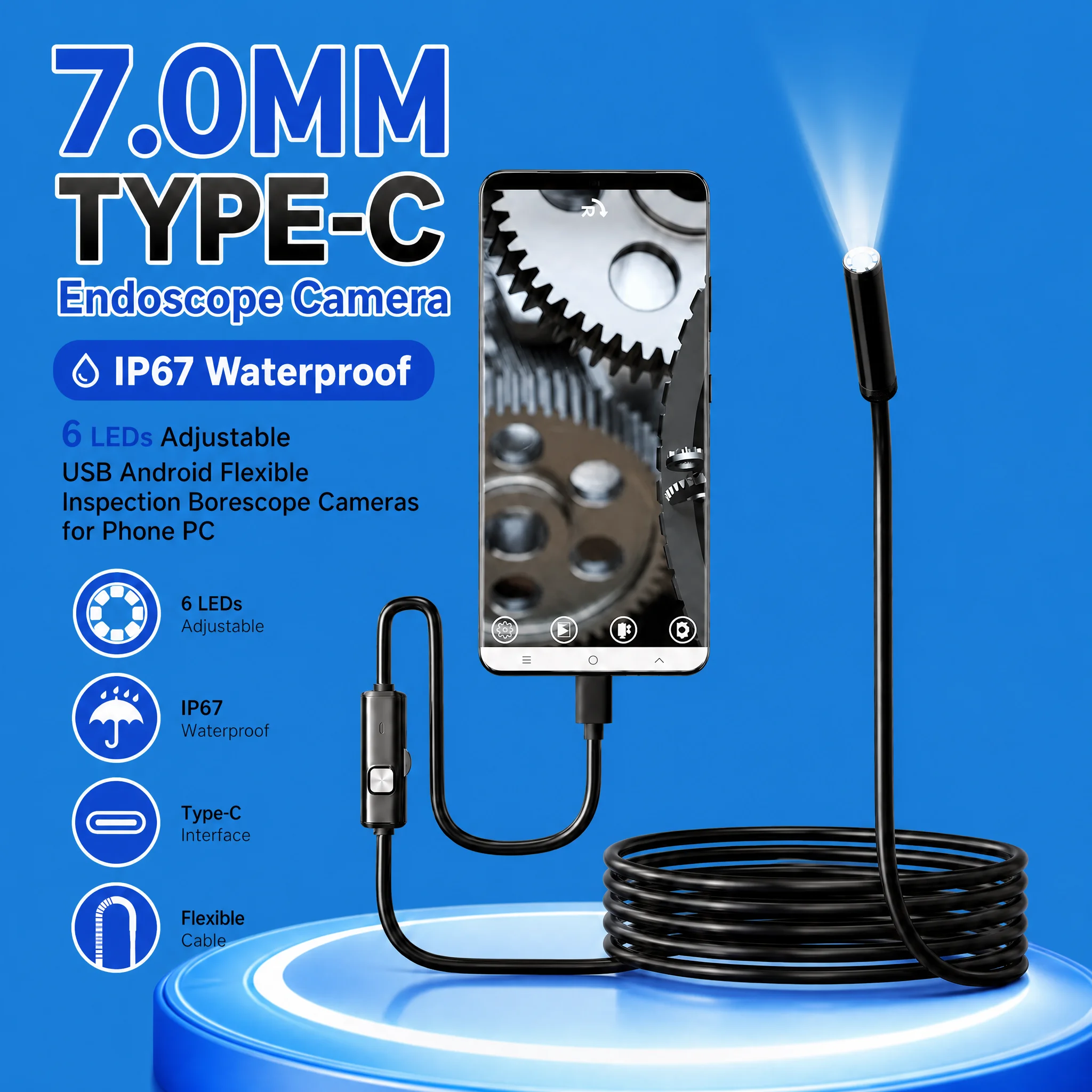 7.0mm Type C Endoscope IP67 Waterproof Borescope Camera with Light, Flexible Android Phone Snake Inspection Cam for Sewer Car