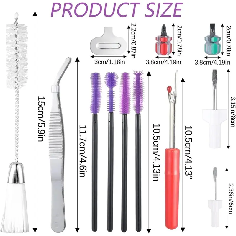 AS60-21 قطعة مجموعة تنظيف ماكينة الخياطة الملقط ، الكسارات ، مفك البراغي ، فرشاة مزدوجة الرأس إبرة مجلس مفك البراغي ، سيليكون Br