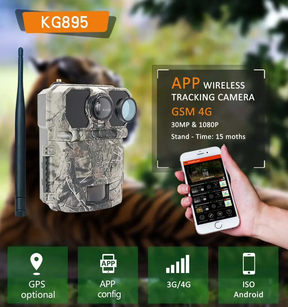 4G Hunting Trail Camera 30MP/1080P Wireless Wild Cam KG895 Cellular Photo Transmission Outdoor Surveillance