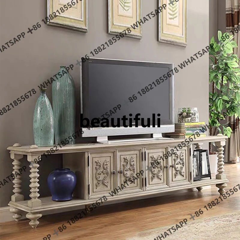 

American fashion high-end solid wood TV cabinet retro floor old fine carving