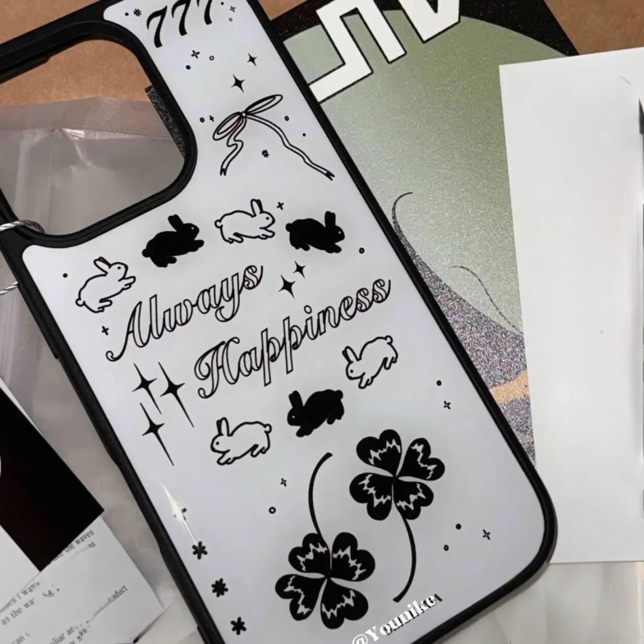 Korean ins Lucky Four-leaf Clover Cute Rabbit Drop Glue Phone Case For iPhone 17 16 15 14 13 12 11 Pro MAX Plus 17air 16e Cover