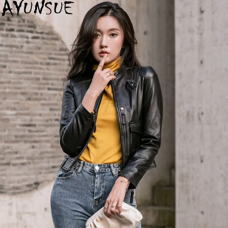 AYUNSUE Genuine Leather Jacket Women 2023 Real Sheepskin Coat Slim Leather Jackets Woman Black Short Leather Coats Hot Sale SGG