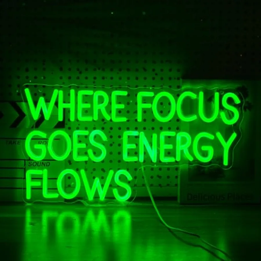 Where Focus Goes Energy Flows Neon Sign 16.5 * 9.1In Dimmable Postive Quotes Light Up Sign for Wall Decor Led Words Neon Light