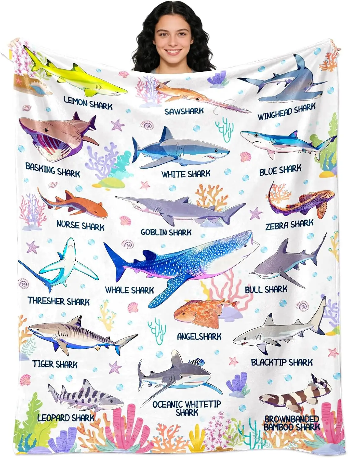 Vibrant Ocean Shark Collection Print Throw Blanket Deep Sea Marine Animal Pattern Cozy Beach Picnic Home Decor Gift