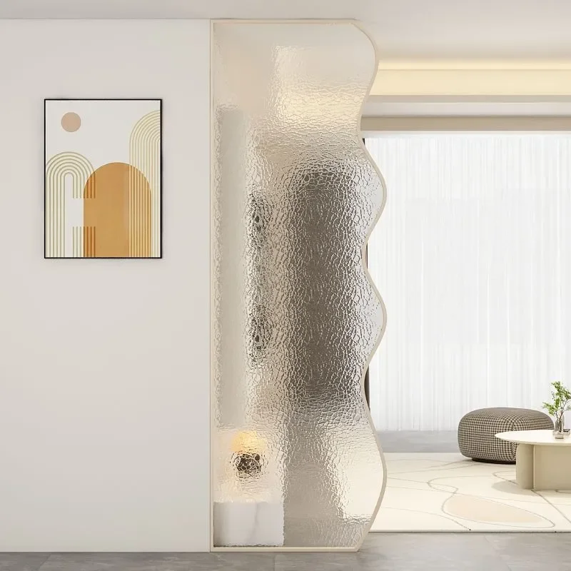 Modern Fluted Glass Room Divider Metal Frame Cream Style Partition for Living Room Entrance Bathroom Privacy Screen