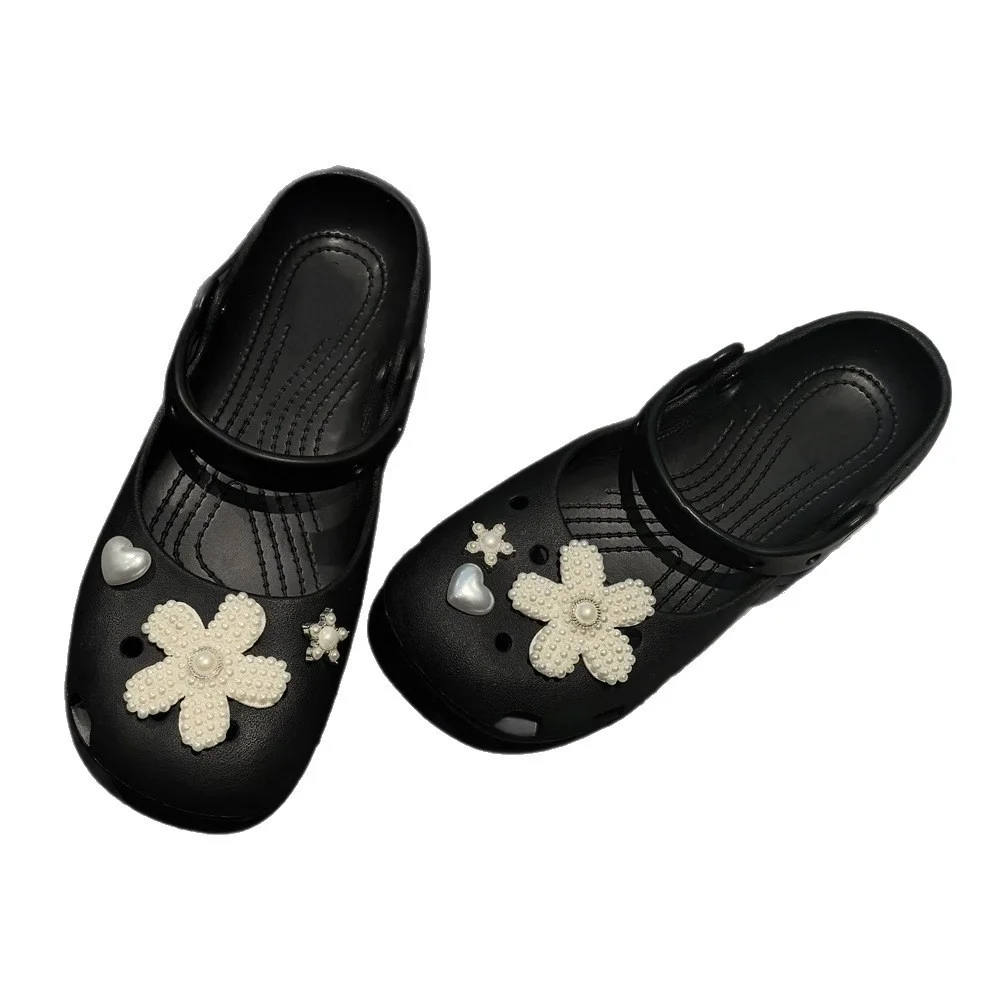 Perlenblumen-Schuhcharms-Set, Schwarz-Weiße Blumendekorationen mit Schleife & Strass, Elegante Schuhzubehörteile für Crocs Clogs – Detail 8