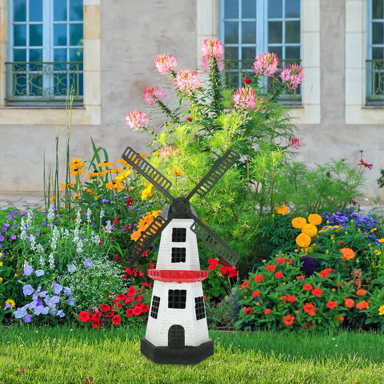 1Set Plastic Windmill Lighthouse Accessory Solar Powered Garden Yard Decoration Waterproof Rotating Blades Fade Resistant