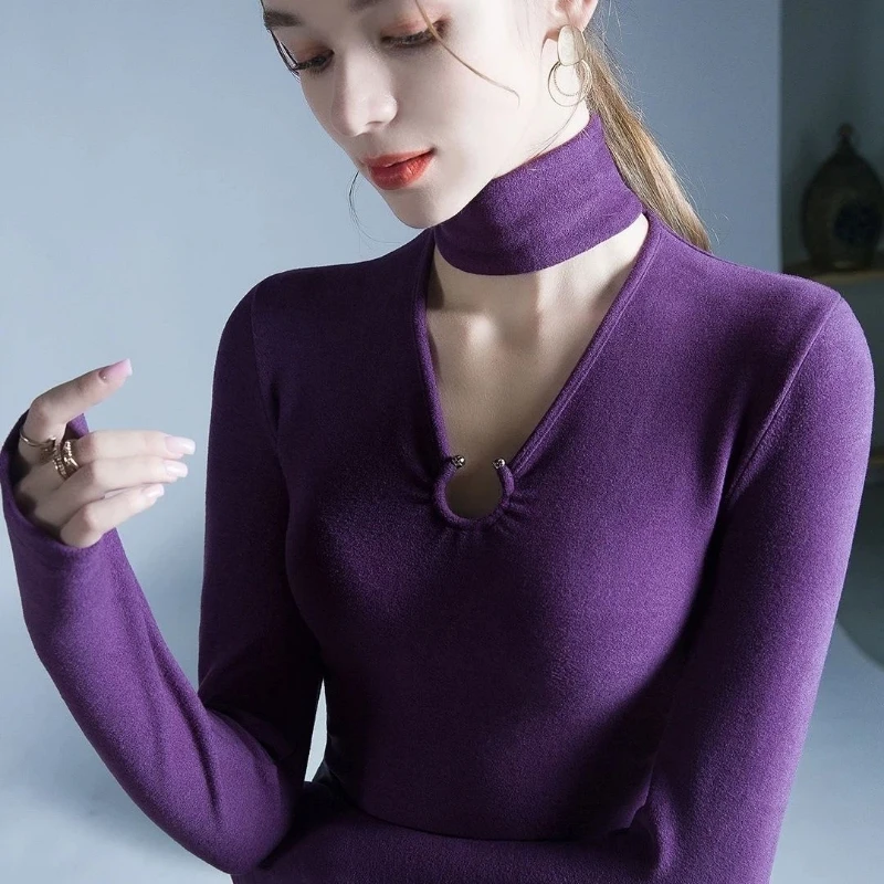 

Slim Solid Hollow Out Temperament T Shirts New Spring Autumn Long Sleeve Simplicity Sexy Tops Elegant Fashion Women Clothing