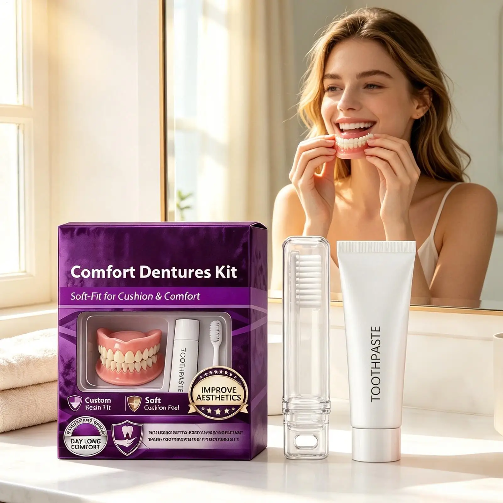 Natural Cosmetic Denture Kit  Realistic Upper & Lower Teeth Set, Cleaning Tools, Instant Smile Veneers, Comfort Fit Daily Wear