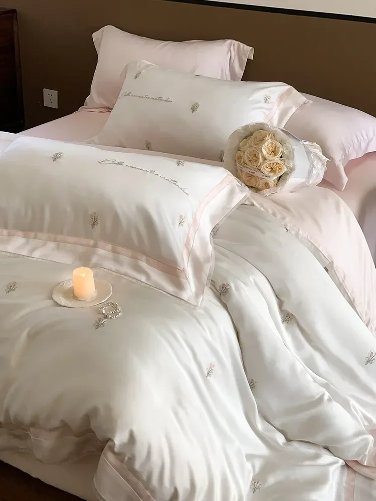 80 Lenzing Tencel four-piece set, retro flower embroidered lace edge cool quilt cover, bed