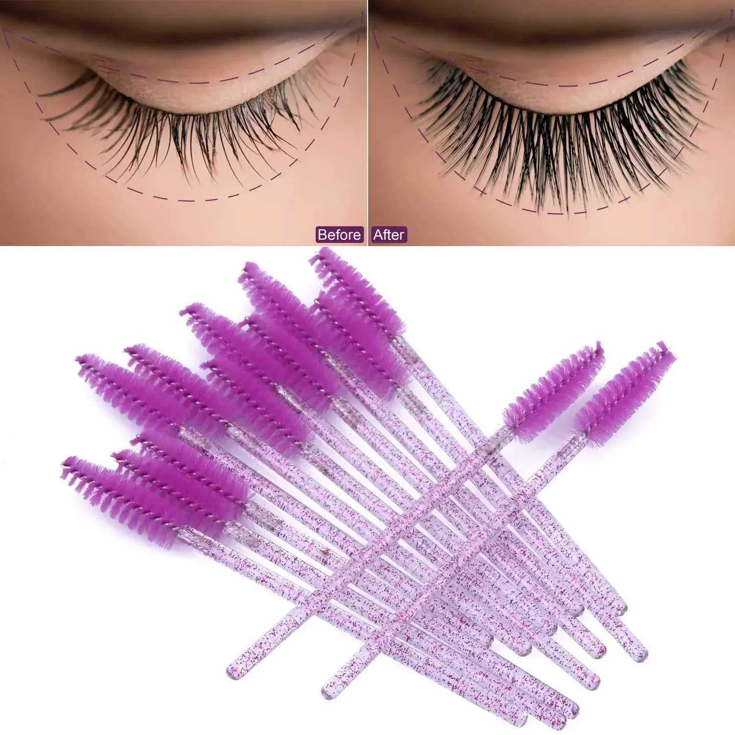 1000 stücke Rosa Kristall Wimpern Pinsel Mascara Wands Applikator Glitter Wimpern Augenbraue Kamm Make-Up Zubehör + gute qualität