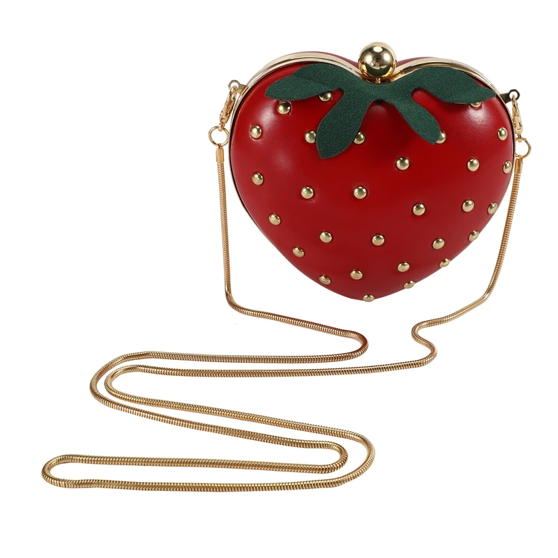 

Cute Strawberry Heart Shape Pu Studs Fashion Lady Chain Wallet Clutch Bag Shoulder Bag Handbag