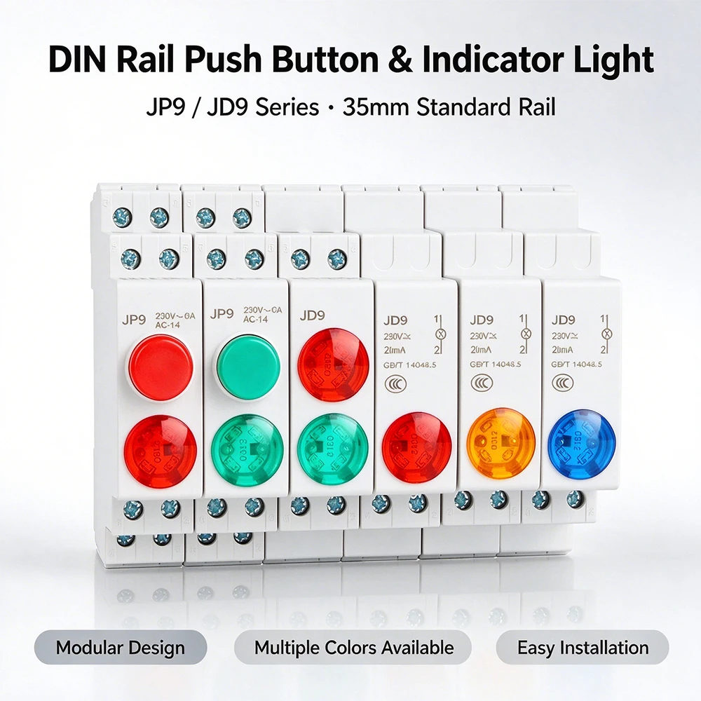 JP9 DIN Rail Mount LED Button Indicator Light, Bicolor Signal Lamp AC/DC 24V~230V, C45 Rail Mount Illuminated