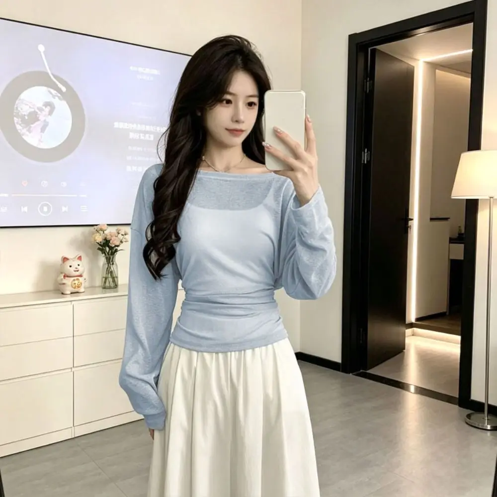 Autumn Tee Sheer Long Sleeve T-Shirt Back Tied-up Off Shoulder See Through Top Loose Oversize T-Shirt Autumn Season