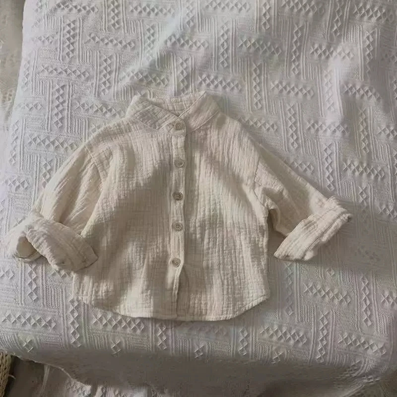 New Autumn Baby Boys Cotton Shirts Pure Color Korean Style Stand-up Collar Toddlers Kids Long Sleeve Shirts Tops