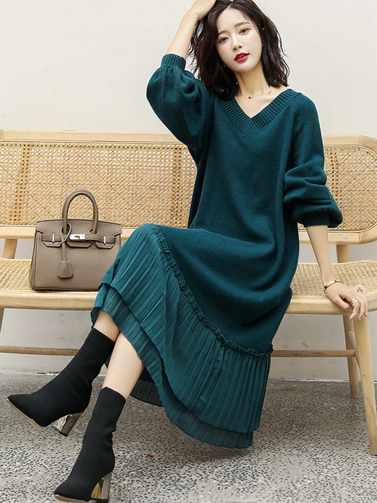 Lagenlook V-neck Knitted Dress plus Size Casual Loose Fit Inner Wear Long Sleeve Mid-length A-line Skirt for Women