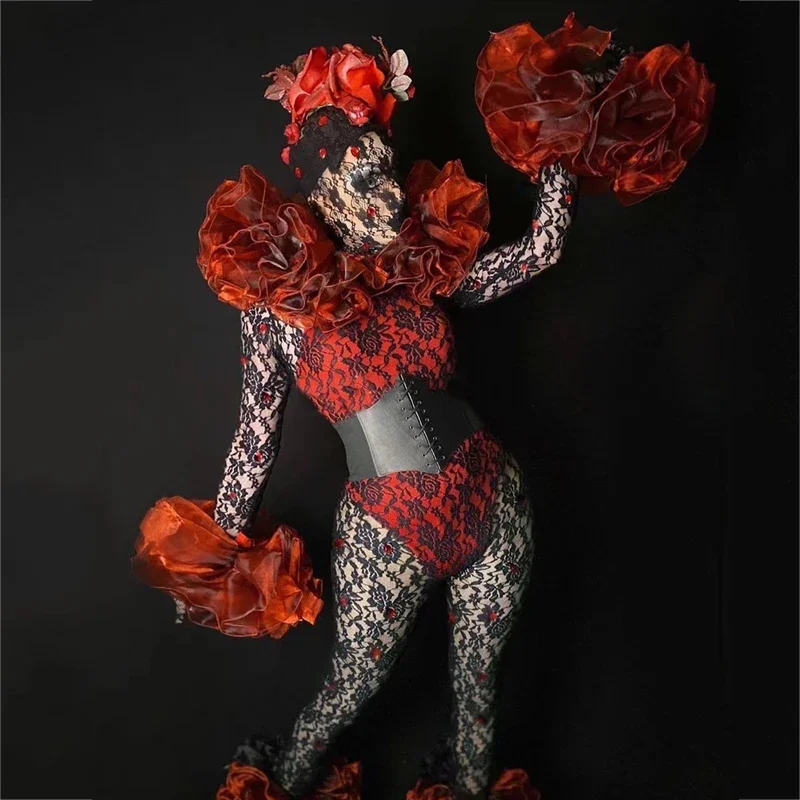 ハロウィンコスチューム レディース ゴーゴーパーティー ショー DJ DS セクシー ブラック ダークレッド レース ジャンプスーツ ステージ衣装 ポールダンス レイブウェア XS2993