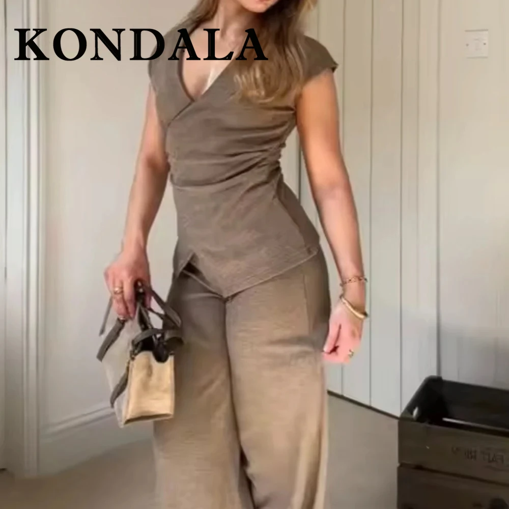 

KONDALA шикарный повседневный однотонный женский костюм 2025 с украшением на булавке, тонкий жилет + широкие брюки с карманами, модные плиссированные винтажные комплекты Mujer