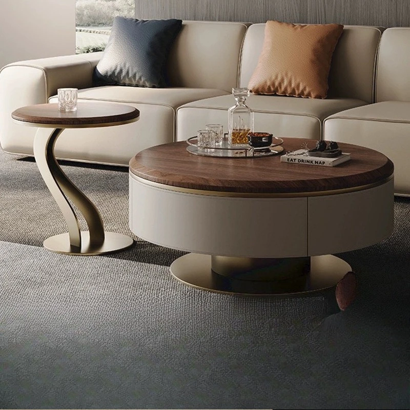 Italian light luxury saddle leather ash wood coffee table household small apartment round coffee table size round